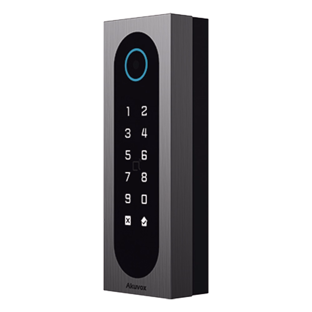 Control de Acceso Slim Akuvox A08S / Aluminio y Vidrio Templado / IP65 & IK09 / Capacidad para 20,000 Tarjetas / Métodos de Acceso Multi (QR, Bluetooth, PIN, RFID) / Soporta Wiegand / 1 Salida de Relay