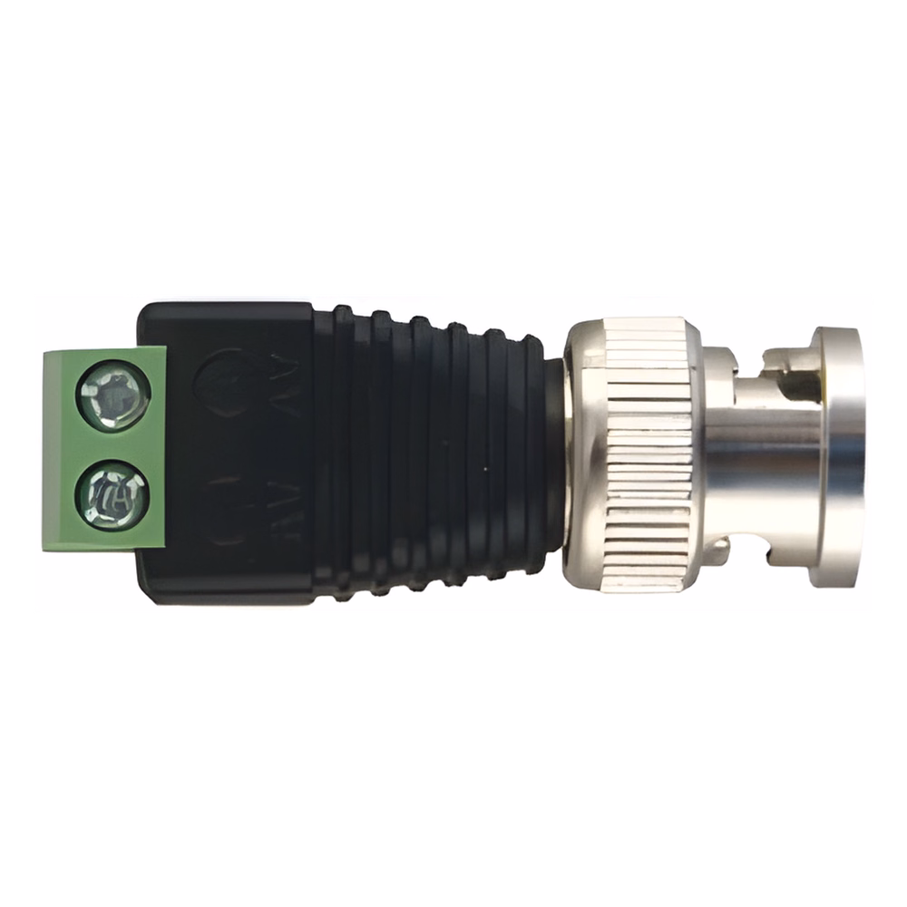 Adaptador de conector BNC macho a 2 terminales-tornillo para cables AWG-26-14, en aplicaciones Video Vigilancia, Níquel/ Oro/  PTFE y PVC.