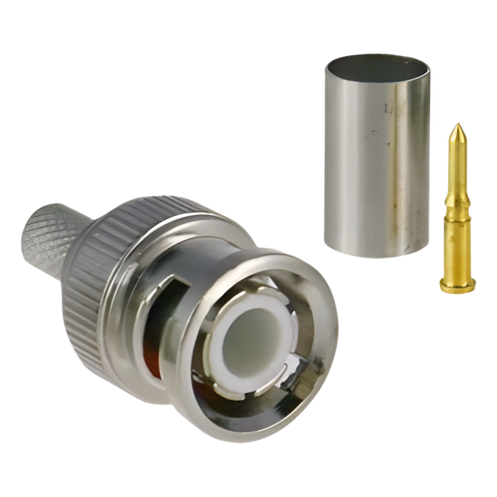 Conector BNC macho para 75 Ohm, de 3 piezas en línea, anillo plegable para cable RG-59/U en aplicación de CCTV, Níquel/ Oro/ Teflón.