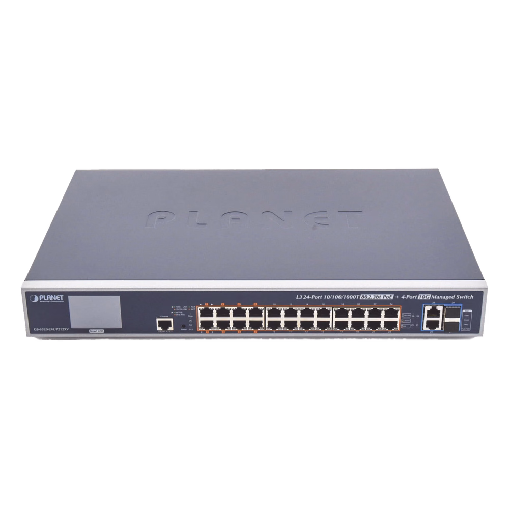 Switch Administrable L3, 24 puertos Gigabit PoE 802.3bt, 2 puertos 10G SFP+, Pantalla Tactil, Fuente Redundante, (600W)