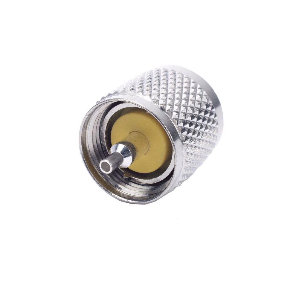 Conector UHF Macho (PL-259) de Anillo Plegable para Cable Coaxial RG-8/X, 9258, LMR-240,  Níquel/ Plata/ Baquelita.