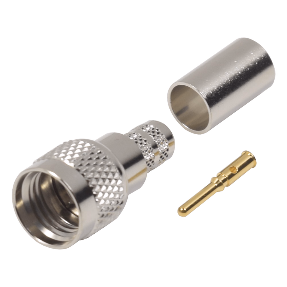 Conector Mini-UHF Macho, 50 Ohm de Anillo Plegable para  LMR-240, RG-8/X, 9258, Niquel/ Oro/ Delrin.