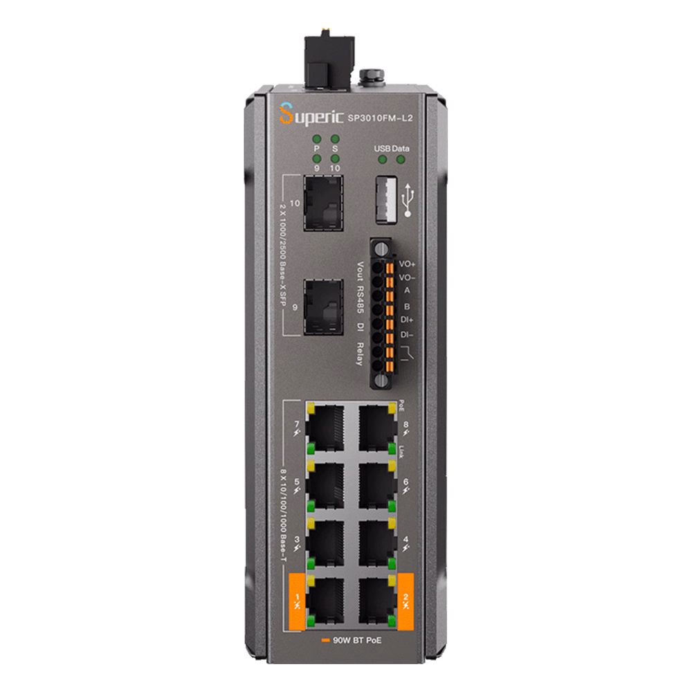Switch de Red SP3010FM-L2 (V3) / 8 Puertos 10/100/1000Mbps PoE / 2 Puertos SFP 1000M/2.5Gbps / 240W PoE Budget / 26Gbps Capacidad de Conmutación / 19.3Mpps Tasa de Reenvío / DIN-Rail, Pared, Escritorio / -40℃~75℃ / CE, FCC, RoHS, UKCA, R