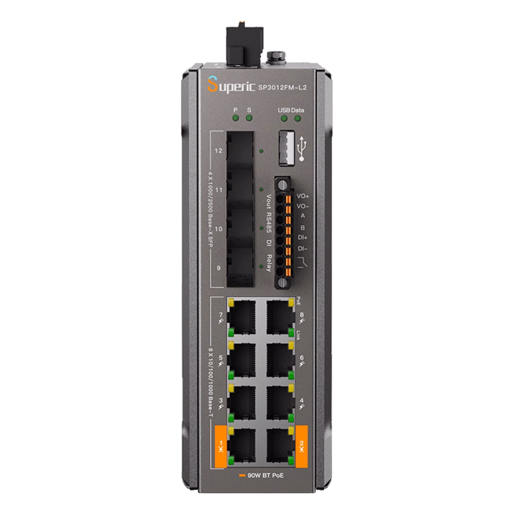 Switch de Red SP3012FM-L2(V3) / 8 Puertos 10/100/1000Mbps PoE / 4 Puertos SFP 1000M/2.5Gbps / Capacidad de Conmutación 36Gbps / Presupuesto PoE 240W / Alimentación Dual DC / Instalación DIN-rail, Pared o Escritorio / Certificaciones C