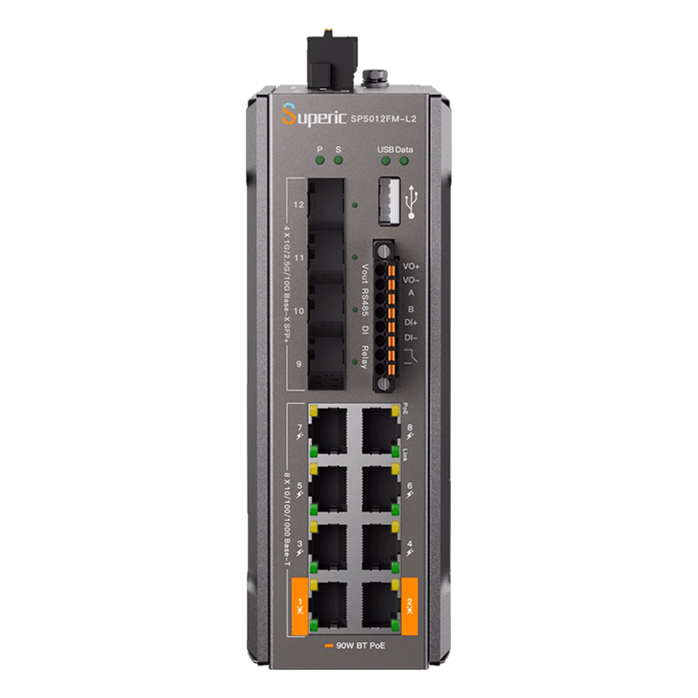 Switch de Red SP5012FM-L2 (V2) / 8 Puertos 10/100/1000Mbps PoE / 4 Puertos SFP 1000M/2.5G/10Gbps / Capacidad de Conmutación 96Gbps / Presupuesto PoE 240W / Alimentación Dual DC / Instalación DIN-rail, Pared o Escritorio / Certificacio